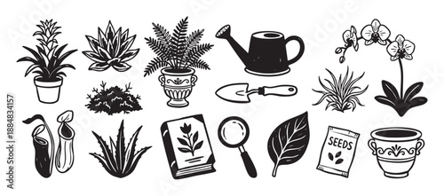 Set of hand-drawn gardening illustrations featuring various houseplants, tools, and botanical elements in a bold black and white linocut style for horticulture and nature themes