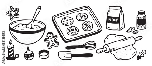 Hand-drawn doodle set of Christmas baking essentials showing cookies, dough, a rolling pin, flour, and festive decorations in a black and white line art illustration style