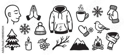 Collection of hand-drawn winter themed icons in a simple black and white doodle style, featuring a cozy hoodie, warm mittens, a beanie, a campfire, and a steaming mug