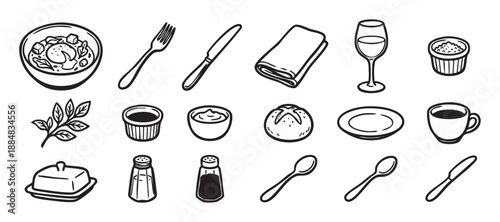 Set of black and white dining icons featuring a salad bowl, cutlery, wine glass, coffee cup, bread, and condiments in a simple hand-drawn sketch style for restaurant menus