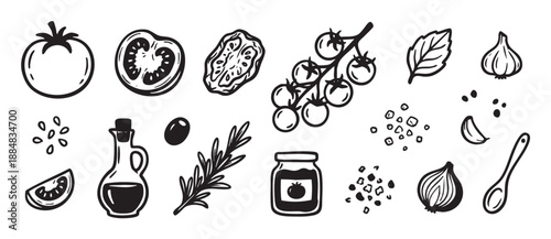 Hand-drawn set of cooking ingredient icons with fresh tomatoes, garlic, onion, basil, rosemary, and olive oil in a simple black and white sketch illustration style