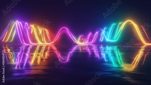 Abstract neon light waveforms reflected on glossy surface