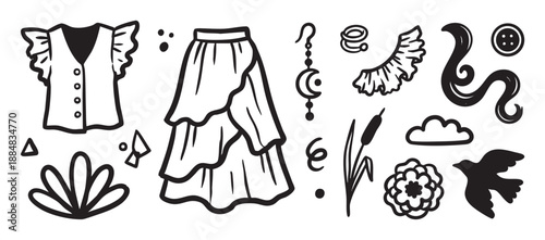 Collection of hand drawn bohemian doodles featuring a skirt, blouse, moon earring, bird, and flower elements in a minimalist black and white line art style