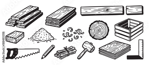 Graphic set of various woodworking elements such as planks, a log slice, a mallet, a ruler, and sawdust, drawn in a bold black and white illustrative style