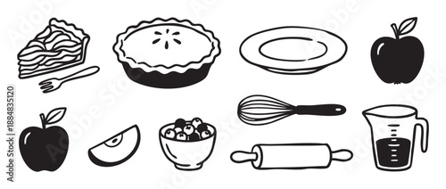 Set of black hand-drawn baking icons featuring an apple pie, slice, fruit, and kitchen utensils like a rolling pin and whisk in a simple graphic doodle style
