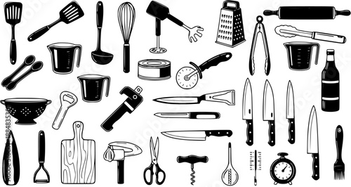 Kitchen Utensils and Cooking Tools Set in Hand Drawn Black and White Line Art Style - Food Preparation Equipment Collection