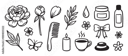 Collection of hand-drawn spa and beauty icons including a peony, candle, comb, and cosmetic bottle in a simple black and white doodle style for wellness and self-care concepts