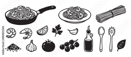 Set of hand drawn black icons showing ingredients for cooking shrimp pasta, including spaghetti, seafood, tomato, garlic, and olive oil in a doodle sketch style illustration