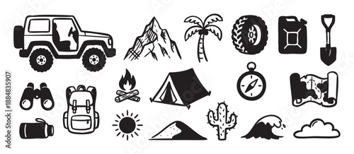 Hand-drawn set of black adventure icons including an off-road car, mountain, tent, and campfire for travel and exploration themes in a rugged, minimalist doodle style