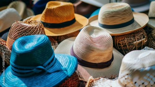 A photo of a pile of various hats for summer.