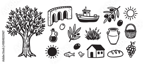 Set of hand-drawn black and white Mediterranean style icons depicting an olive tree, boat, amphora, grapes, bread, and other rustic farm and food symbols