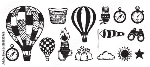 Collection of black and white hand-drawn hot air balloon illustrations and aviation icons, including a compass, binoculars, and windsock, in a simple doodle sketch style