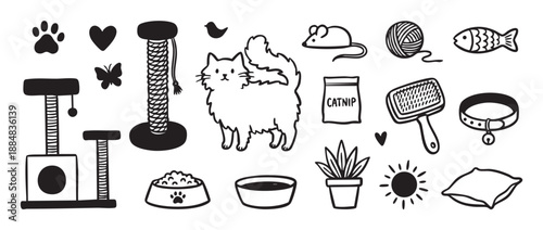 Collection of hand-drawn cat icons and pet accessories in a simple black and white doodle style, including a fluffy kitten, scratching post, toys, food, and grooming supplies