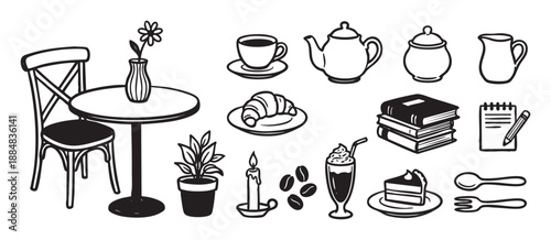 Collection of hand-drawn black and white cafe icons featuring coffee, croissant, cake, teapot, and furniture in a simple doodle sketch style for menu or restaurant design