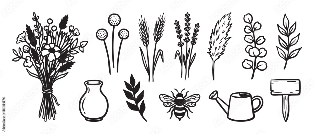 Obraz premium Collection of hand-drawn black and white botanical doodles including a wildflower bouquet, lavender, wheat, a bee, watering can, and vase in a simple, rustic sketch style