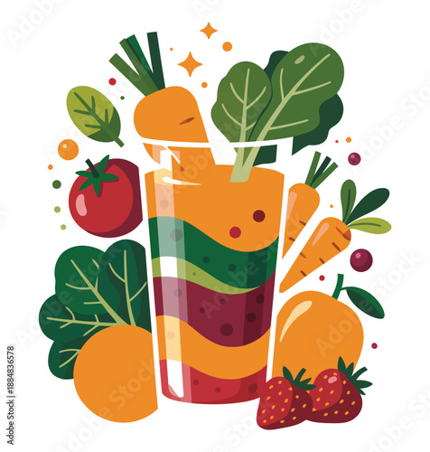 A vibrant illustration of a colorful smoothie surrounded by fresh fruits and vegetables