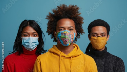 Three Young Adults With Face Masks Pose Against a Blue Background in a Studio...
