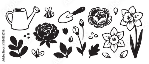 Set of hand-drawn black gardening illustrations with flowers like peonies and daffodils, a watering can, a trowel, and a bee in a cute, simple doodle style