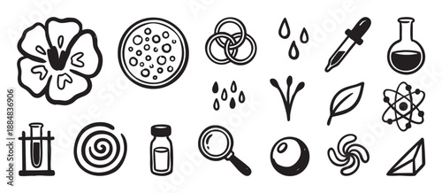 Set of hand-drawn science icons featuring a flower, petri dish, atom, and laboratory equipment in a simple black and white doodle style for research and cosmetic concepts