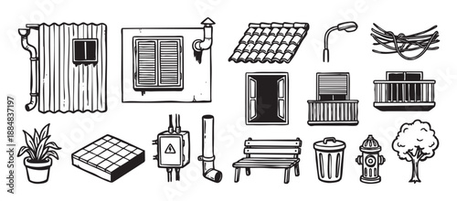 Hand-drawn black and white set of urban and architectural elements including a window, balcony, bench, tree, and fire hydrant in a simple doodle sketch illustration style