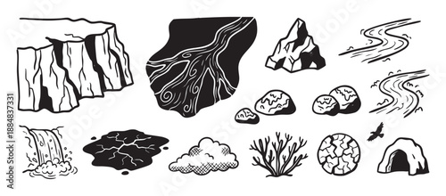 Collection of black and white nature illustrations including a rocky cliff, waterfall, mountain peak, cave, river, and bush in a simple, graphic hand-drawn sketch style