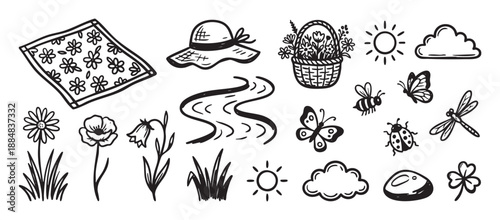 Set of hand-drawn summer nature icons featuring a picnic blanket, sun hat, flower basket, river, insects, and plants in a black and white doodle style illustration