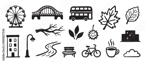 Collection of hand-drawn black ink icons representing city life, autumn, and park elements like a ferris wheel, bus, bridge, and leaves in a simple doodle style