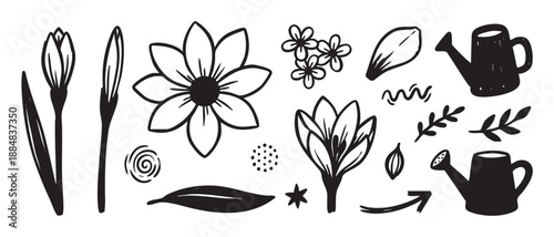 Various hand-drawn black and white floral and gardening elements are depicted in a playful doodle style, featuring flowers, leaves, and watering cans with a grunge texture