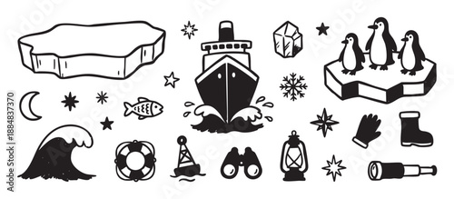 Collection of black and white hand-drawn arctic and nautical icons featuring a ship, penguins on an ice floe, a wave, binoculars, and a lantern in a charming doodle set style