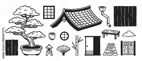 Collection of hand-drawn traditional Zen garden elements featuring a bonsai tree, tiled roof, stone lantern, and bamboo in a simple, minimalist, and rustic monochrome ink sketch style