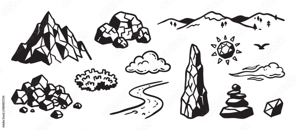 Obraz premium Collection of hand-drawn black and white nature elements including mountains, rocks, a river, clouds, and a sun, illustrated in a simple, bold, monochrome doodle style