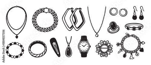 Hand-drawn black and white jewelry illustrations set featuring various fashion accessories like necklaces, rings, earrings, and a watch in a charming doodle line art style