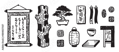 Set of traditional East Asian objects in a bold, graphic, hand-drawn ink style, including a bonsai tree, hanging scroll, lantern, and tea bowl for cultural design