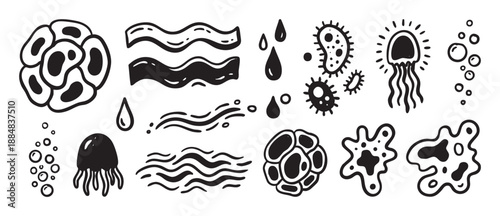 Collection of hand-drawn doodle icons featuring jellyfish, bacteria, water waves, drops, and bubbles in a simple black and white line art style for biology and nature concepts
