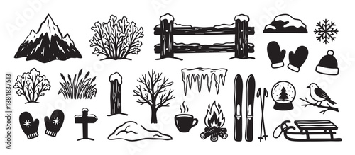Hand-drawn winter icon set in a black and white doodle style showing a mountain, skis, campfire, sled, snowflake, mittens, and other cozy seasonal holiday elements
