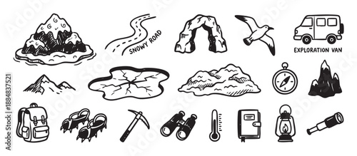 Hand-drawn black and white icon set for winter exploration and mountain adventure, featuring a van, backpack, compass, and other hiking equipment in a simple doodle style