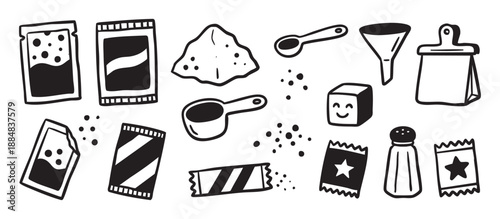 Hand-drawn black and white doodle icons of sugar packets, salt shakers, and seasoning sachets in a cute, simple cartoon style illustration set for food and cooking concepts
