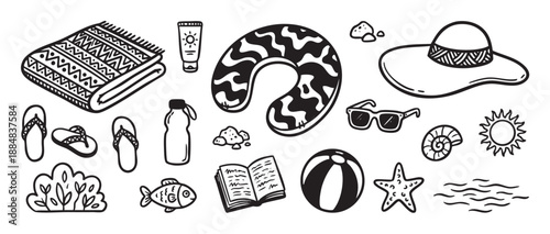 Collection of hand-drawn summer beach items including a towel, hat, sunglasses, and flip-flops in a simple black and white doodle style for vacation and travel concepts
