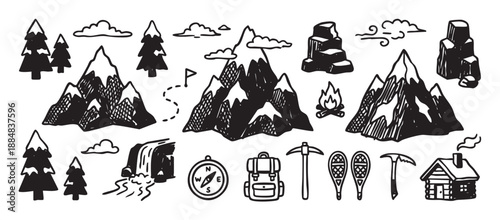 Set of hand-drawn mountain adventure icons including a compass, backpack, cabin, and trees in a black and white doodle style for outdoor, hiking, and travel concepts