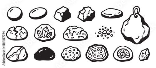 Hand drawn doodle collection of various stones, minerals, crystals, and fossils, a geology icon set with geode and ammonite in a simple black and white sketch illustration style