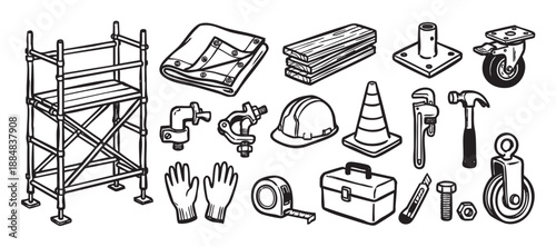 Collection of black and white construction tools and equipment including scaffolding, a hard hat, hammer, and wrench in a hand-drawn line art illustration style for building and repair