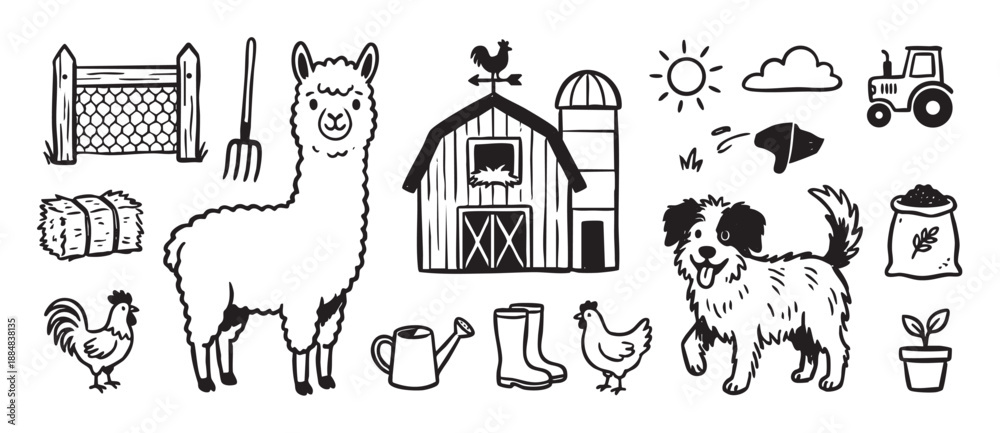 Fototapeta premium Set of hand-drawn farm life icons featuring a cute llama, barn, dog, chicken, tractor, and agricultural tools in a simple black and white doodle style illustration collection