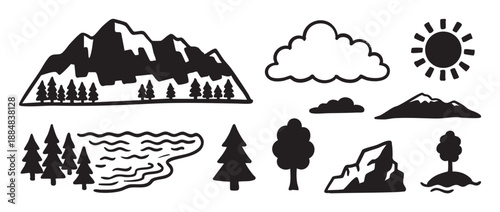 Collection of black and white nature illustrations with mountains, pine trees, a lake, and sun, drawn in a simple, minimalist graphic sketch style for design elements