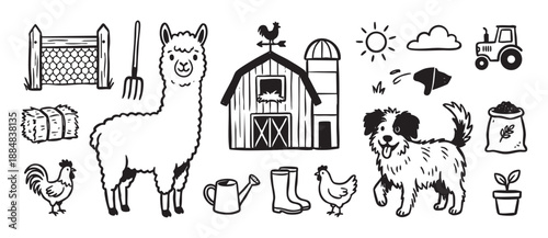 Set of hand-drawn farm life icons featuring a cute llama, barn, dog, chicken, tractor, and agricultural tools in a simple black and white doodle style illustration collection