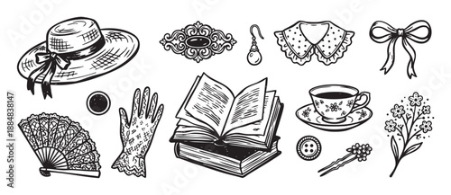 Collection of hand-drawn vintage accessories including a hat, book, teacup, and fan in a charming retro doodle style illustration set for classic feminine design elements
