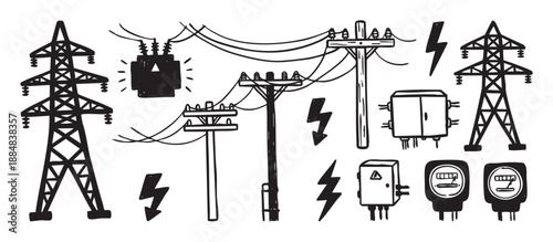 Hand-drawn black and white electricity icons set featuring power lines, pylons, utility poles, transformers, and meters in a graphic doodle style illustration collection