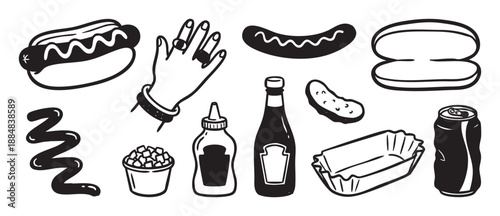 Collection of hand-drawn hot dog ingredients and fast food elements in a bold black and white graphic illustration style, including a sausage, bun, condiments, and a drink can