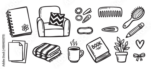 Collection of black and white doodle icons representing a cozy home life, including a comfy armchair, a warm blanket, a book, a steaming mug, and self-care items