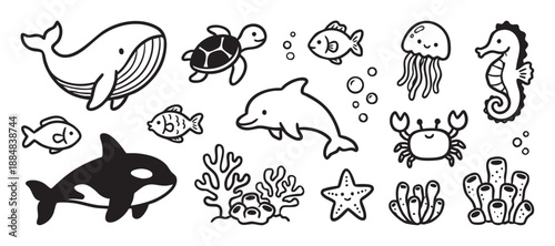 Cute set of hand-drawn sea animal doodles featuring a whale, orca, dolphin, turtle, and crab in a simple black and white cartoon line art style for kids