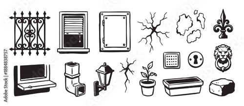 Collection of hand-drawn black ink illustrations featuring various architectural and urban elements like a window, lantern, door knocker, and cracks in a graphic woodcut style